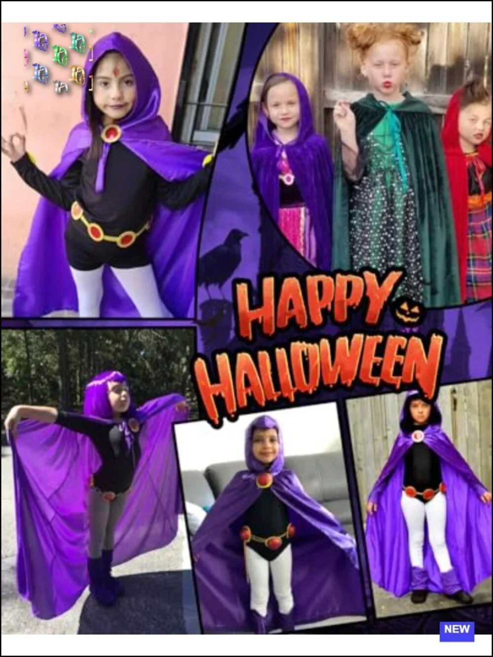 Kids Halloween Costume Purple Cape Jumpsuit Tights Gem Belt